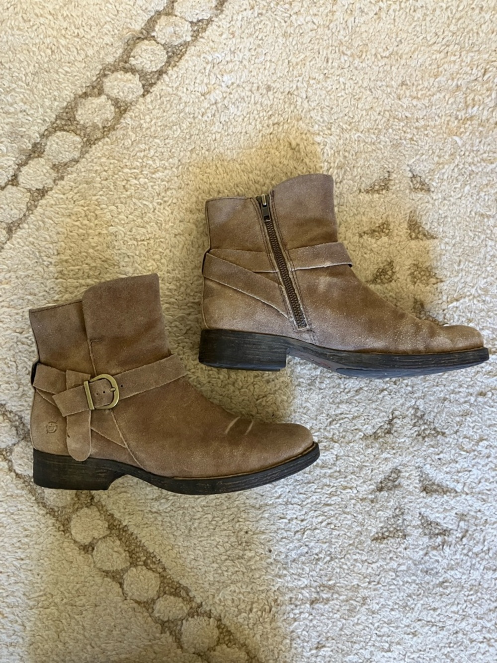 Born Taupe Suede Buckle Ankle Booties with Side Zip